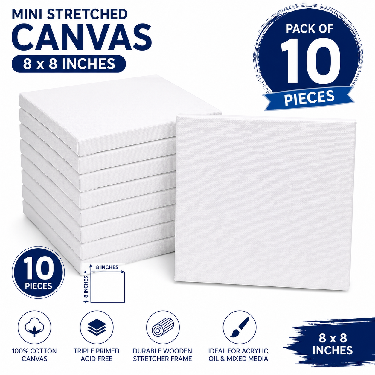Pack of 10 Mini Stretched Canvas 8x8 Inches – Artist Painting Canvas Boards