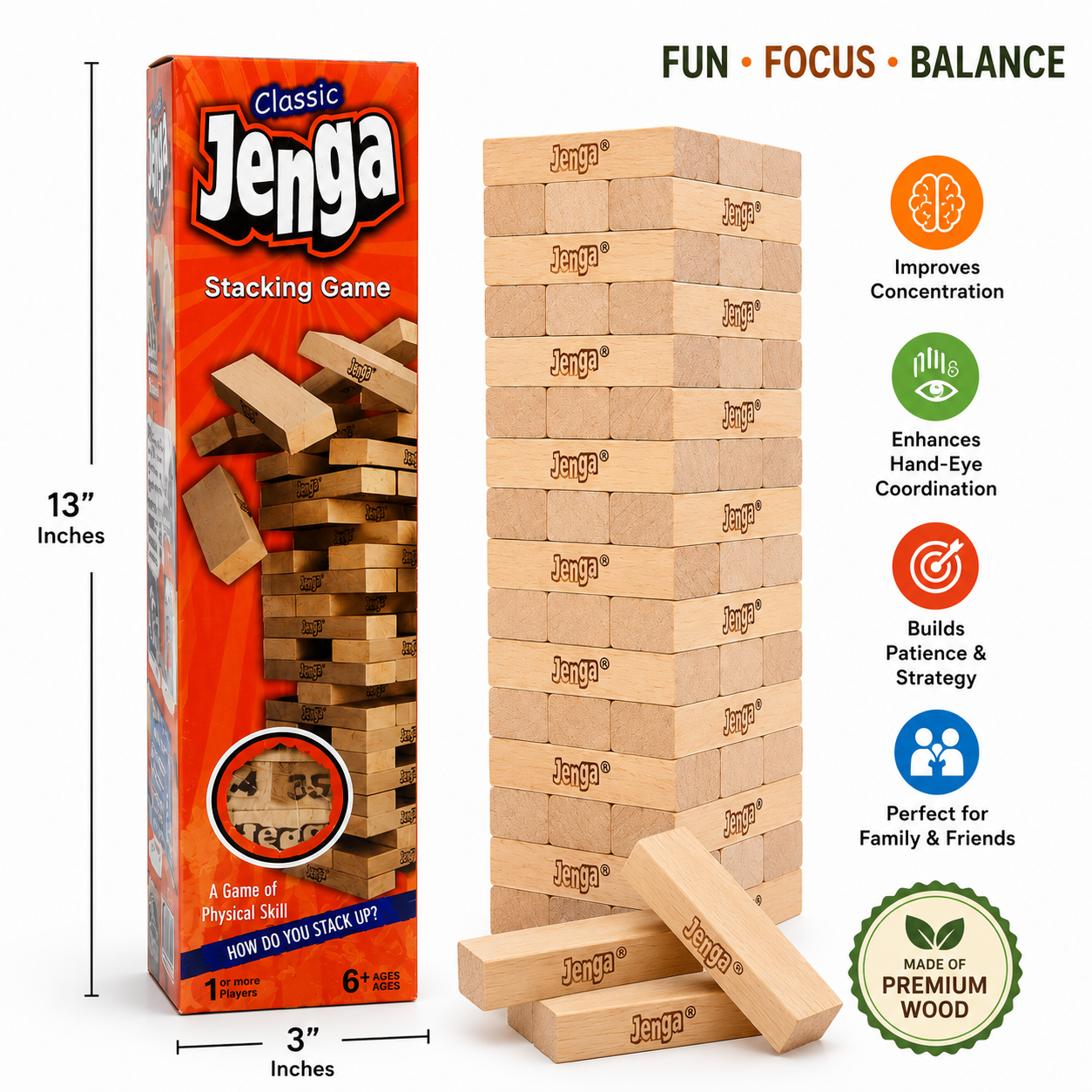 Classic Wooden Jenga Stacking Game | 48 Piece Wooden Block Tower Game | Family Balance & Skill Game for Kids & Adults