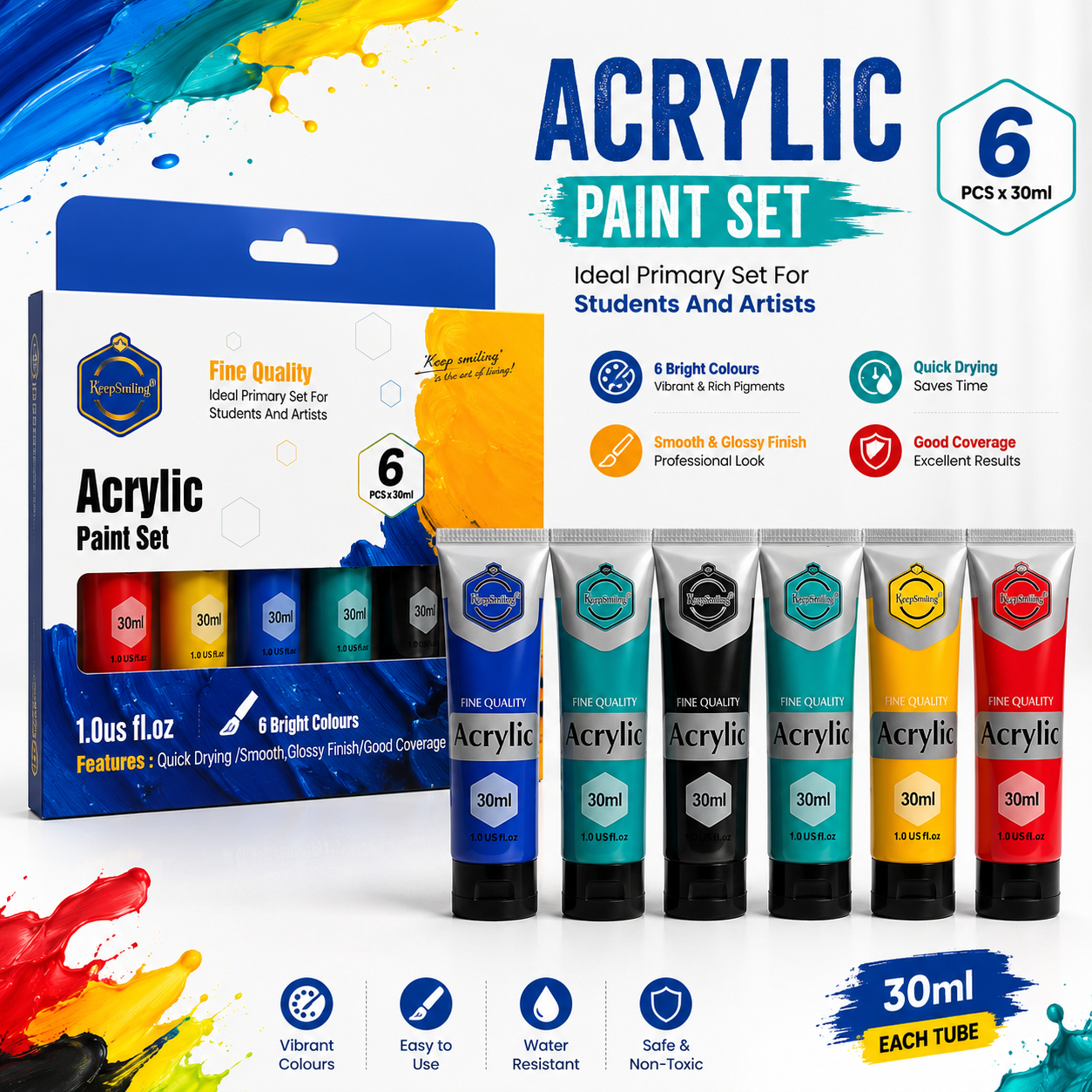 Keep Smiling Acrylic Colours 30ml (6 Pack) – Fast Drying Professional Paint Set