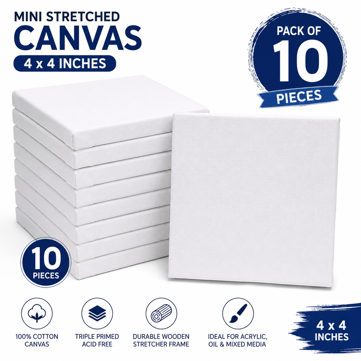 Pack of 10 Mini Stretched Canvas 4x4 Inches – Artist Painting Canvas Boards