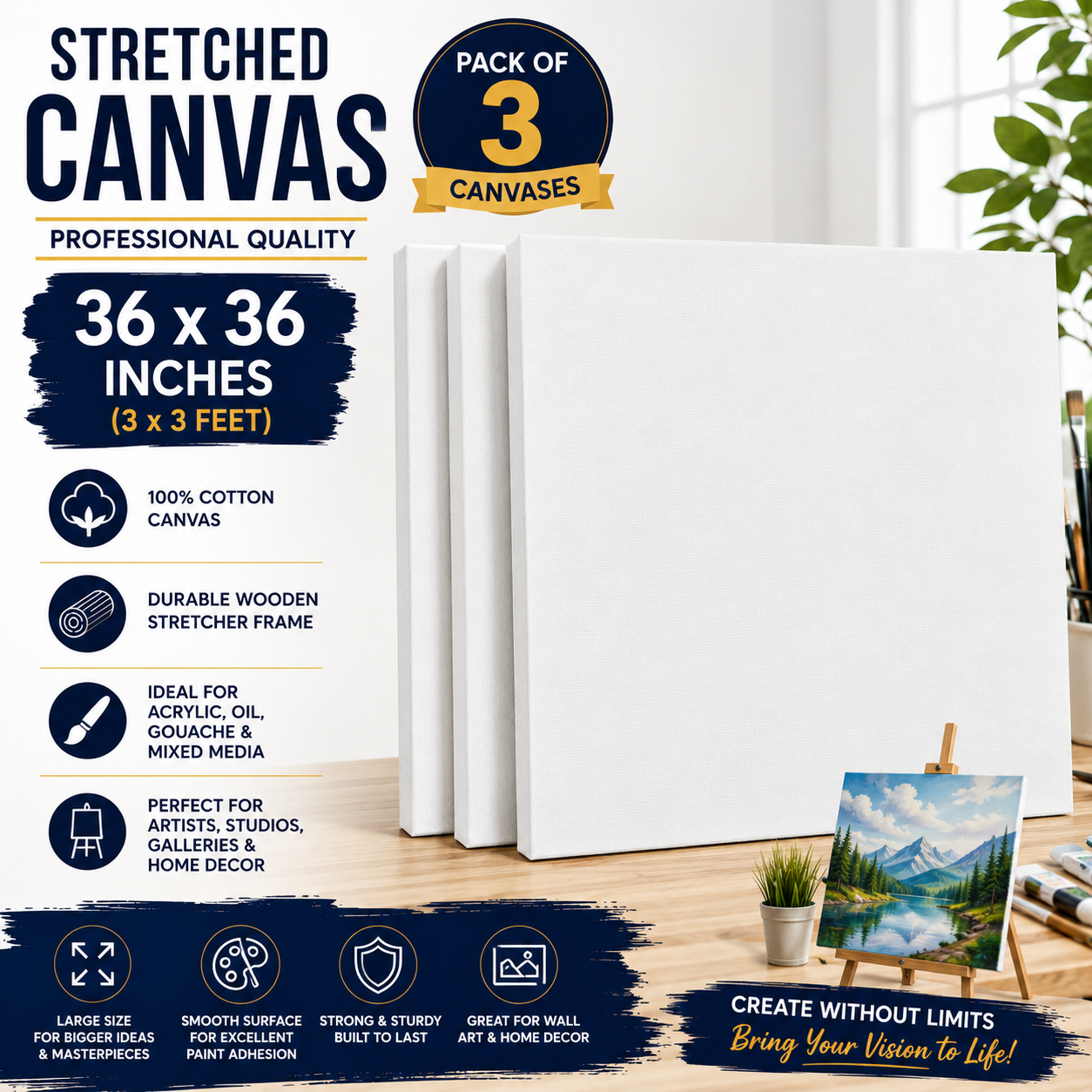 Pack of 3 Large Stretched Canvas 36x36 Inches (3x3 Feet) – Professional Artist Canvas