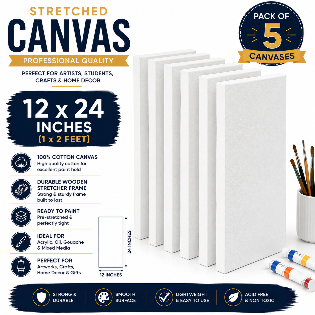 Pack of 5 Stretched Canvas 12x24 Inches – Artist Painting Canvas Boards