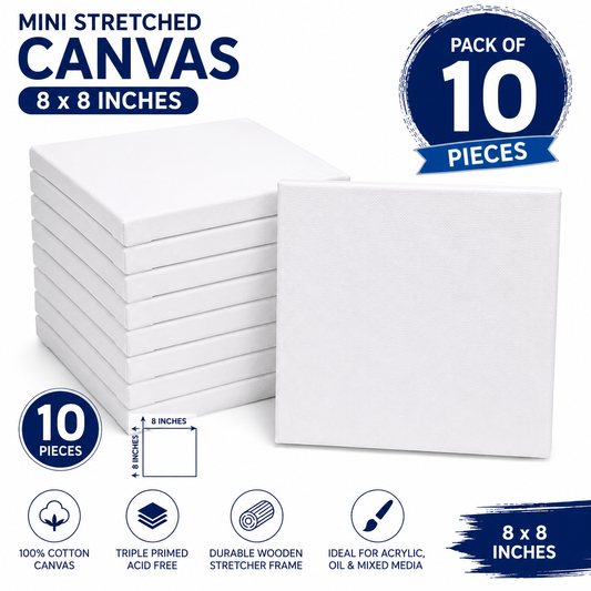 Pack of 10 Mini Stretched Canvas 8x8 Inches – Artist Painting Canvas Boards