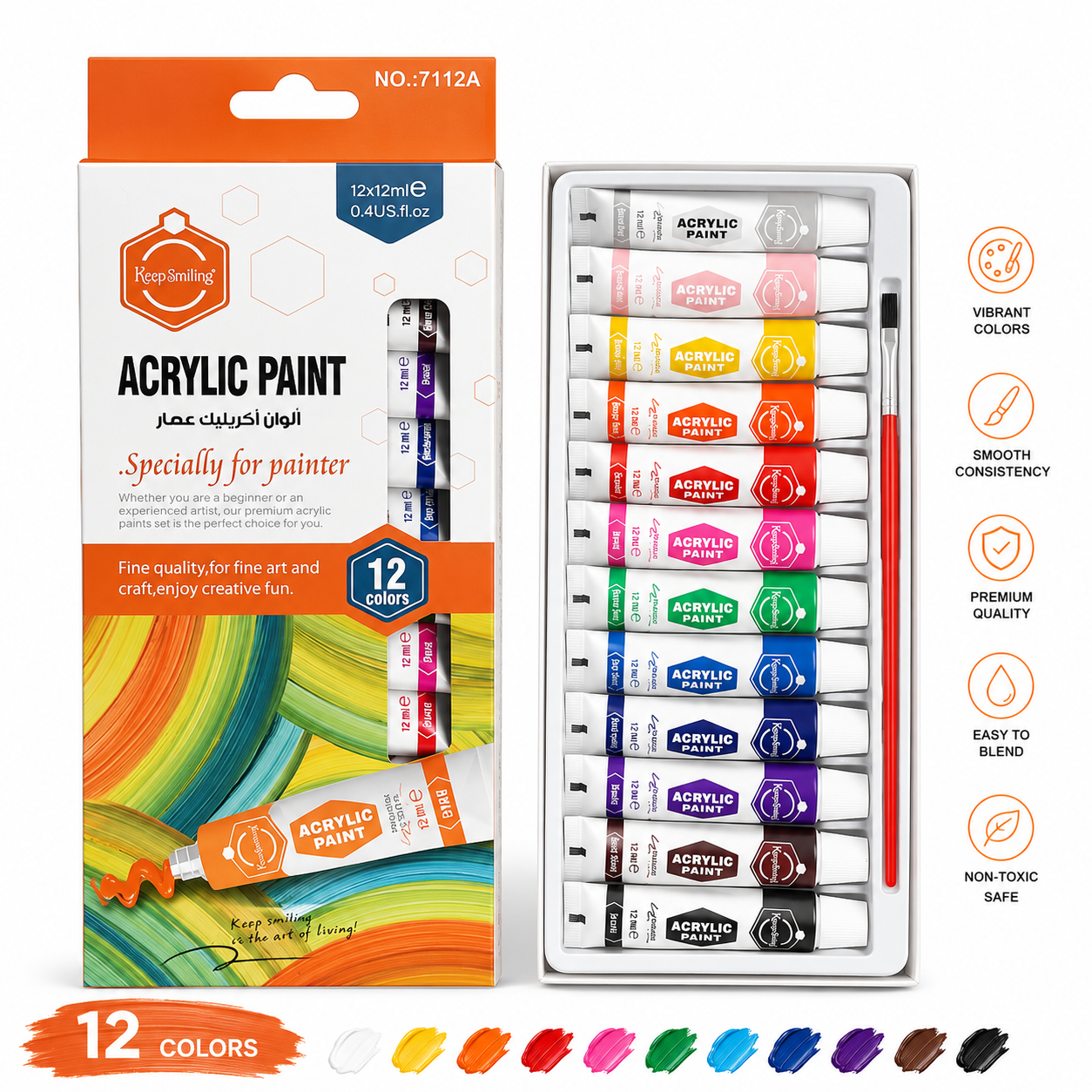 Keep Smiling 12 Colors Acrylic Paint Set 12ml with Brush | Artist Acrylic Paint Tubes for Canvas, Wood, Fabric & DIY Crafts