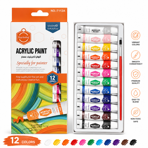 Keep Smiling 12 Colors Acrylic Paint Set 12ml with Brush | Artist Acrylic Paint Tubes for Canvas, Wood, Fabric & DIY Crafts