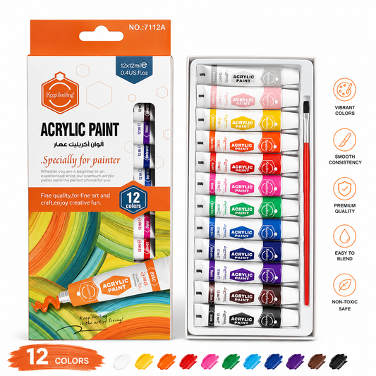 Keep Smiling 12 Colors Acrylic Paint Set 12ml with Brush | Artist Acrylic Paint Tubes for Canvas, Wood, Fabric & DIY Crafts