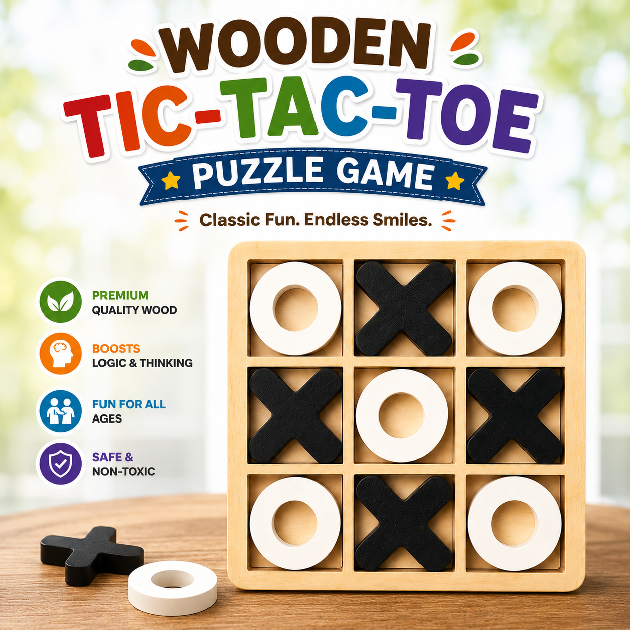 Premium Wooden Tic Tac Toe Game | Educational Montessori Puzzle Board for Kids & Adults