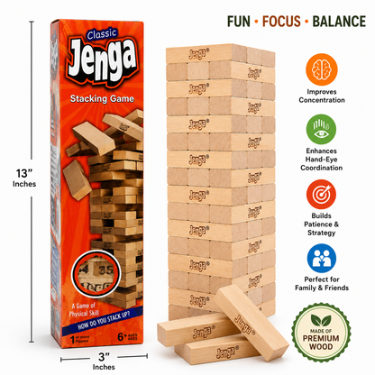 Classic Wooden Jenga Stacking Game | 48 Piece Wooden Block Tower Game | Family Balance & Skill Game for Kids & Adults