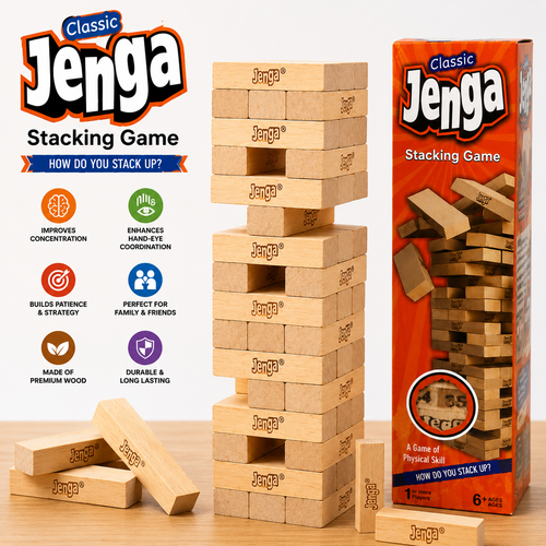 Classic Wooden Jenga Stacking Game | 48 Piece Wooden Block Tower Game | Family Balance & Skill Game for Kids & Adults