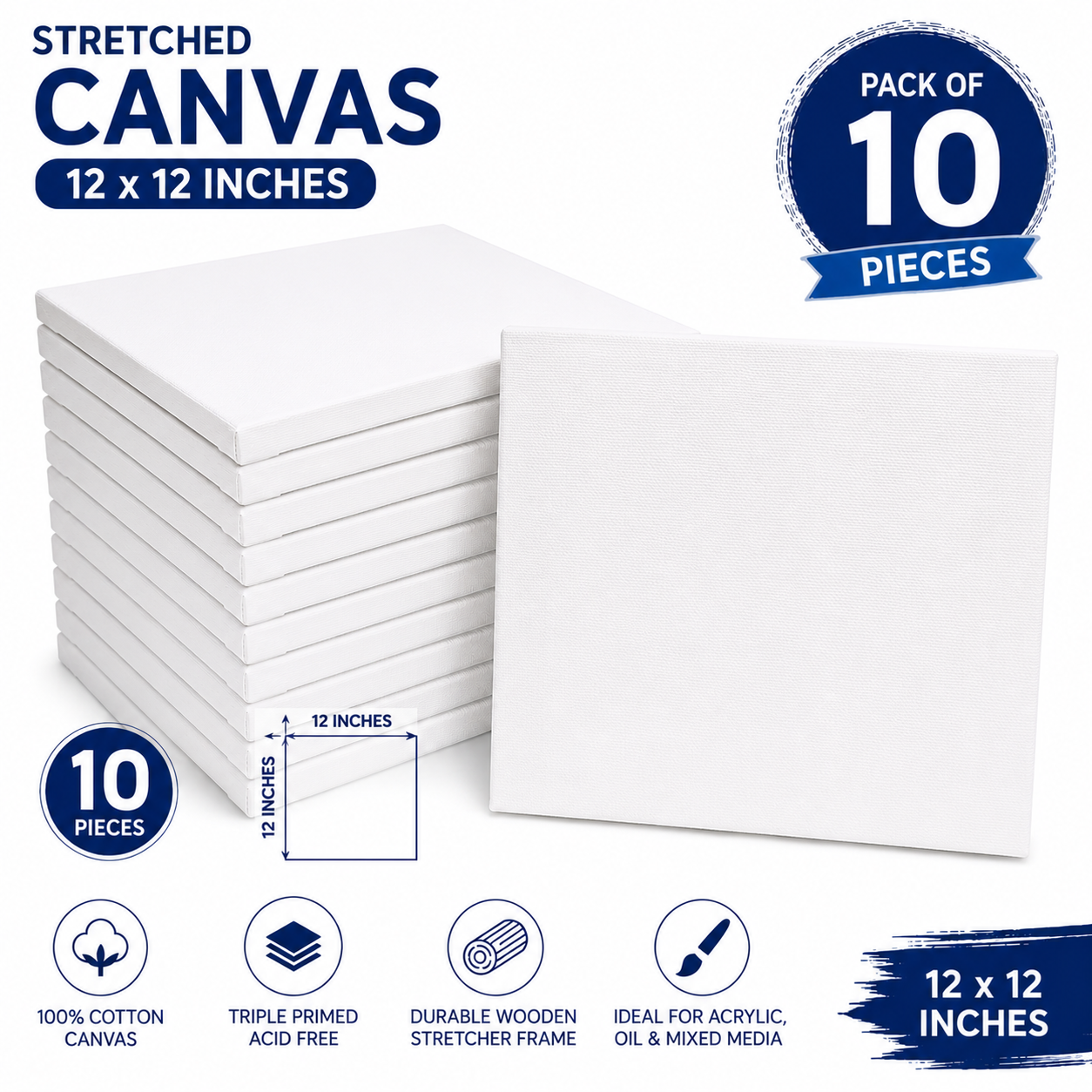 Pack of 10 Stretched Canvas 12x12 Inches – Artist Painting Canvas Boards