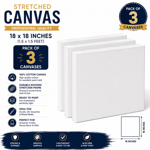 Pack of 3 Stretched Canvas 18x18 Inches – Artist Painting Canvas Boards