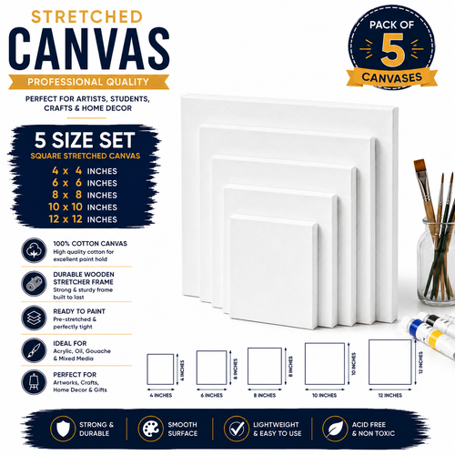 5-Piece Mixed Size Canvas Board Set (4x4, 6x6, 8x8, 10x10, 12x12 Inches)