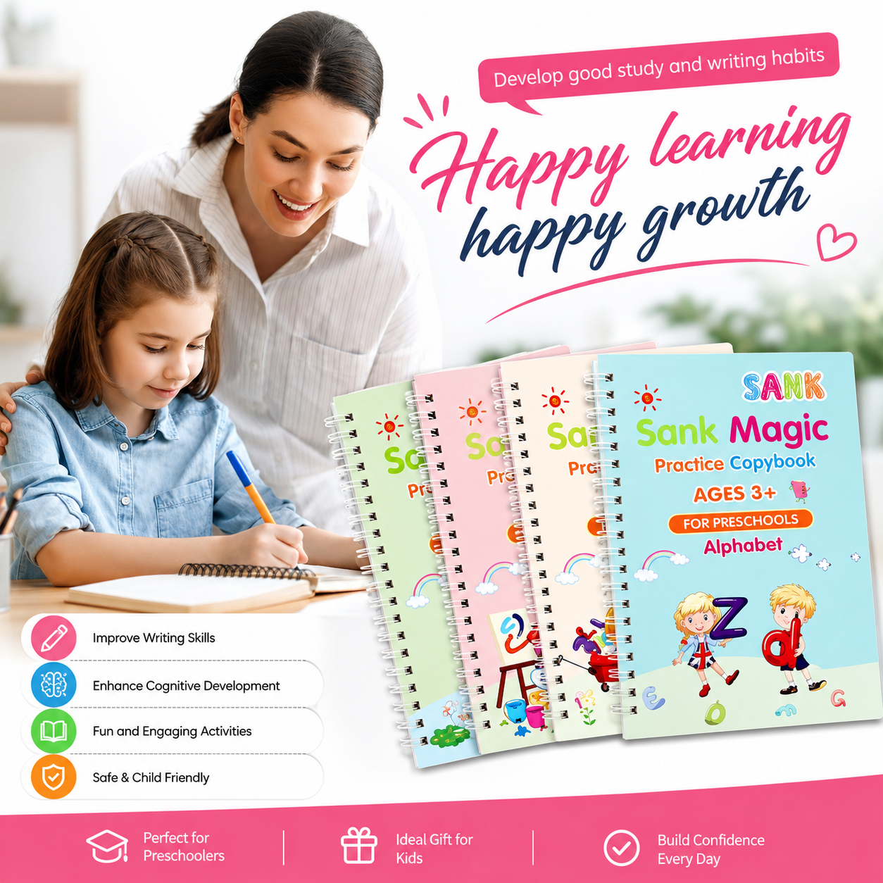 Sank Magic Practice Copybook Set - 4 Books + Magic Pen + 5 Refills + Grip (Reusable Writing Practice for Kids)