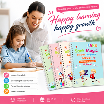 Sank Magic Practice Copybook Set - 4 Books + Magic Pen + 5 Refills + Grip (Reusable Writing Practice for Kids)