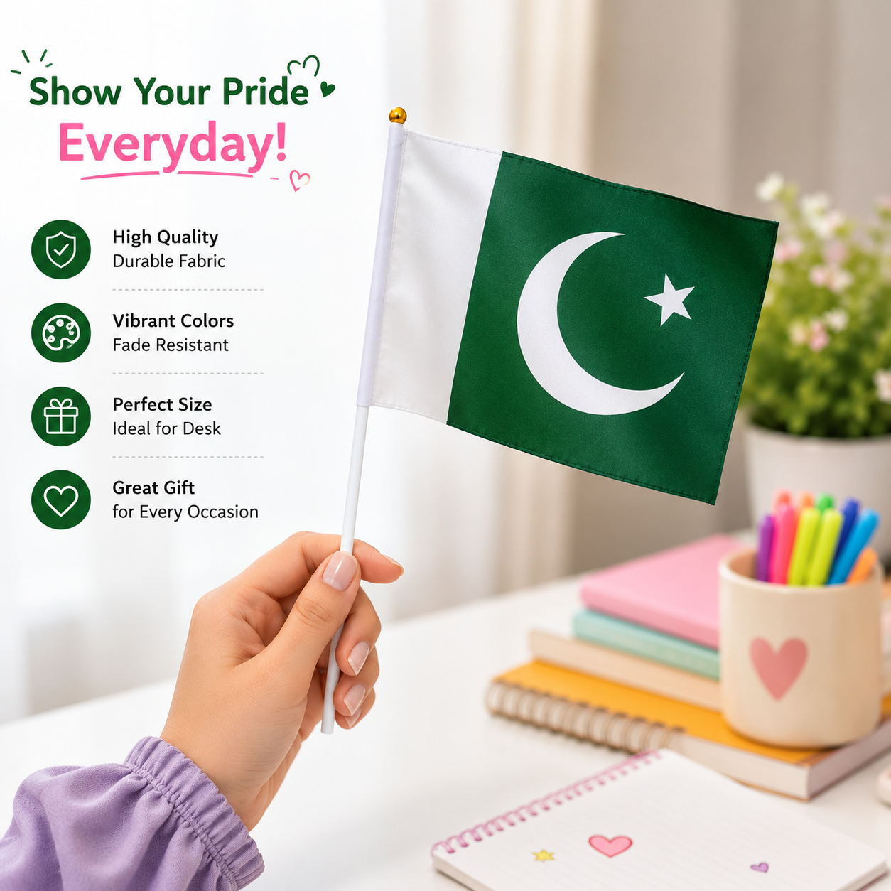 Handy Pakistan Flag Set - Pack of 12 Small Handheld Flags for Desk, Office & Independence Day
