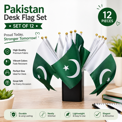 Handy Pakistan Flag Set - Pack of 12 Small Handheld Flags for Desk, Office & Independence Day