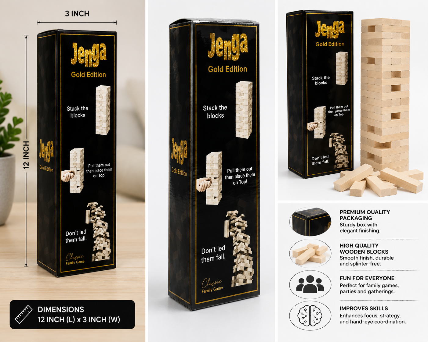 Jenga Gold Edition Premium Wooden Tower Blocks Game – Classic Family Stacking Game
