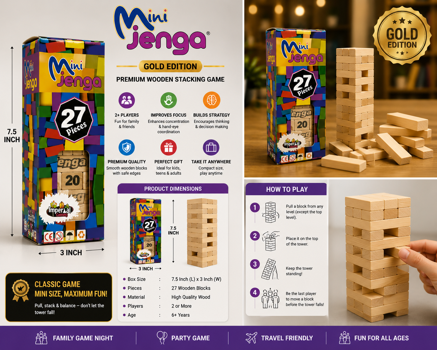 Mini Jenga Wooden Tower Game – 27 Pieces Family Stacking Blocks