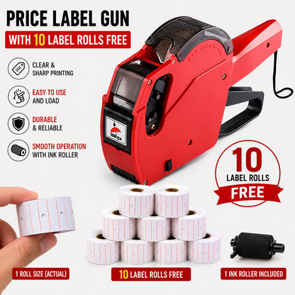 Premium Handheld Price Label Gun with 10 FREE Price Label Rolls & Ink Roller – Retail Pricing Machine