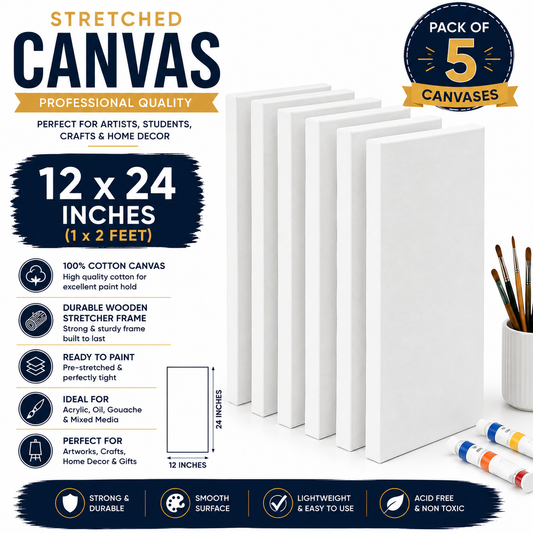Pack of 5 Stretched Canvas 12x24 Inches – Artist Painting Canvas Boards