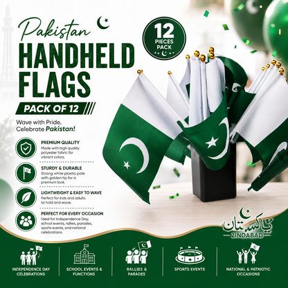 Handy Pakistan Flag Set - Pack of 12 Small Handheld Flags for Desk, Office & Independence Day