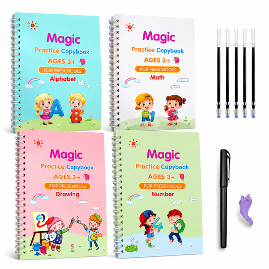 Sank Magic Practice Copybook Set - 4 Books + Magic Pen + 5 Refills + Grip (Reusable Writing Practice for Kids)