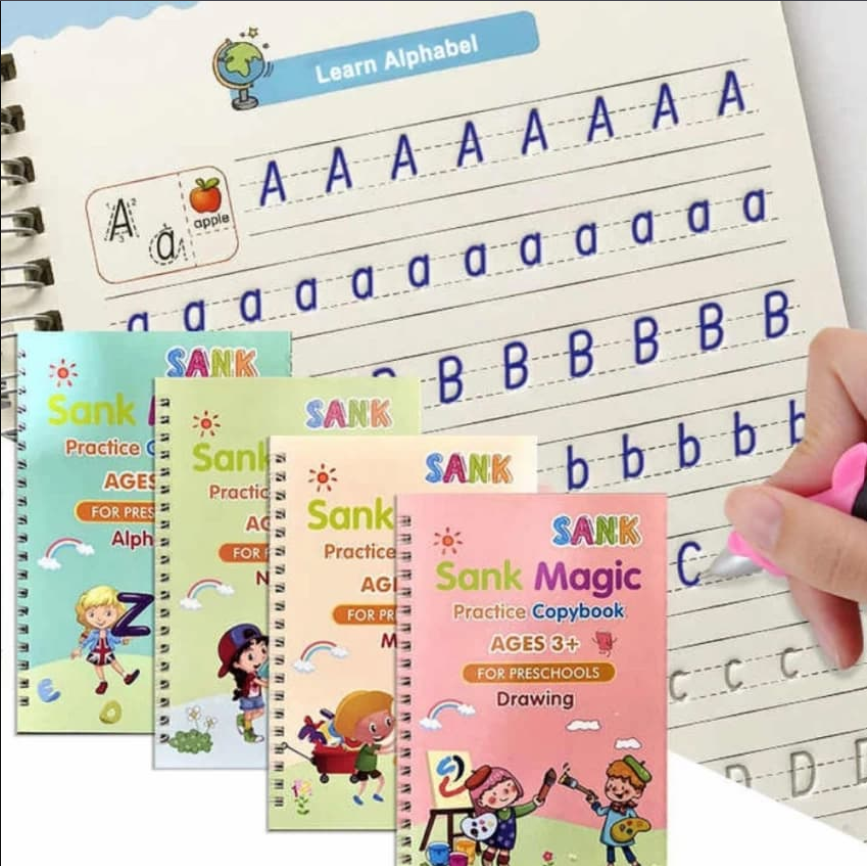Sank Magic Practice Copybook Set - 4 Books + Magic Pen + 5 Refills + Grip (Reusable Writing Practice for Kids)