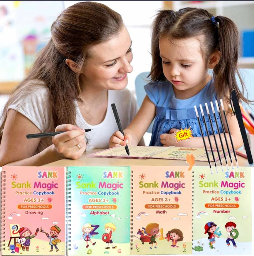 Sank Magic Practice Copybook Set - 4 Books + Magic Pen + 5 Refills + Grip (Reusable Writing Practice for Kids)
