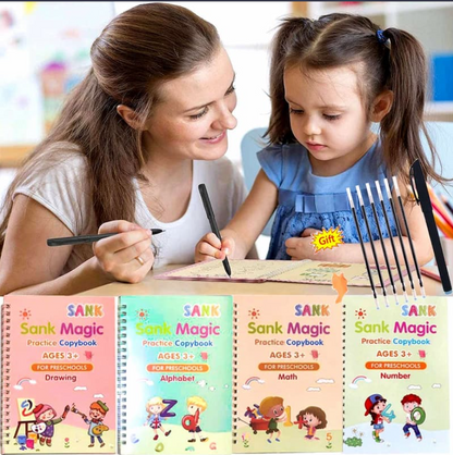 Sank Magic Practice Copybook Set - 4 Books + Magic Pen + 5 Refills + Grip (Reusable Writing Practice for Kids)